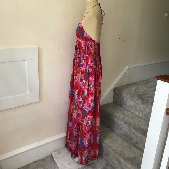 TIBI Multicolor 100% Silk Paisley Print Pleated Halter Maxi Dress EUC Size XS - Picture 2 of 10